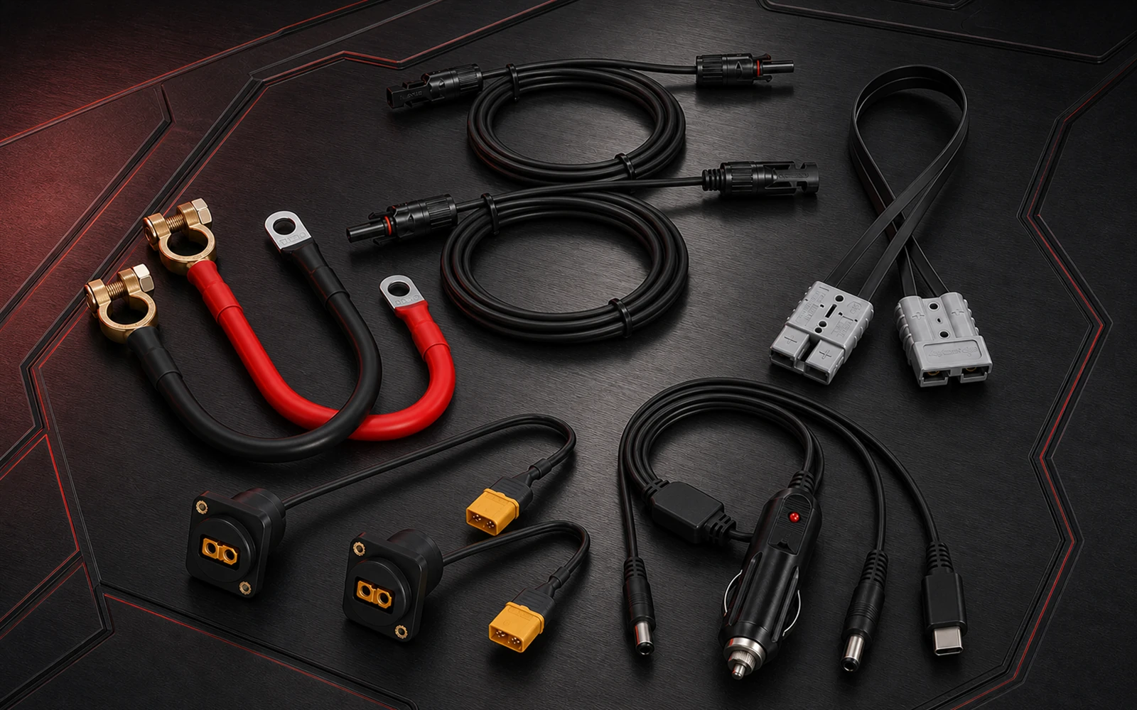 Battery cables and solar power cables with connector ends