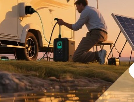 RV parked at dusk running on a 12V solar setup